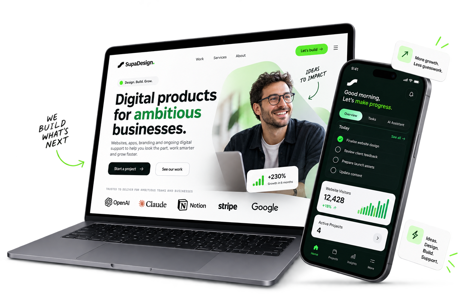 SupaDesign work on a laptop and phone — websites, apps and dashboards for growing businesses