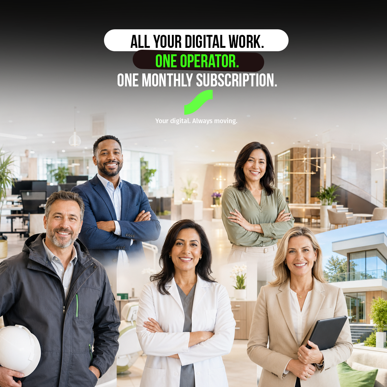 All your digital work, one operator, one monthly subscription — American service business owners: contractor, clinician, professional firm principals