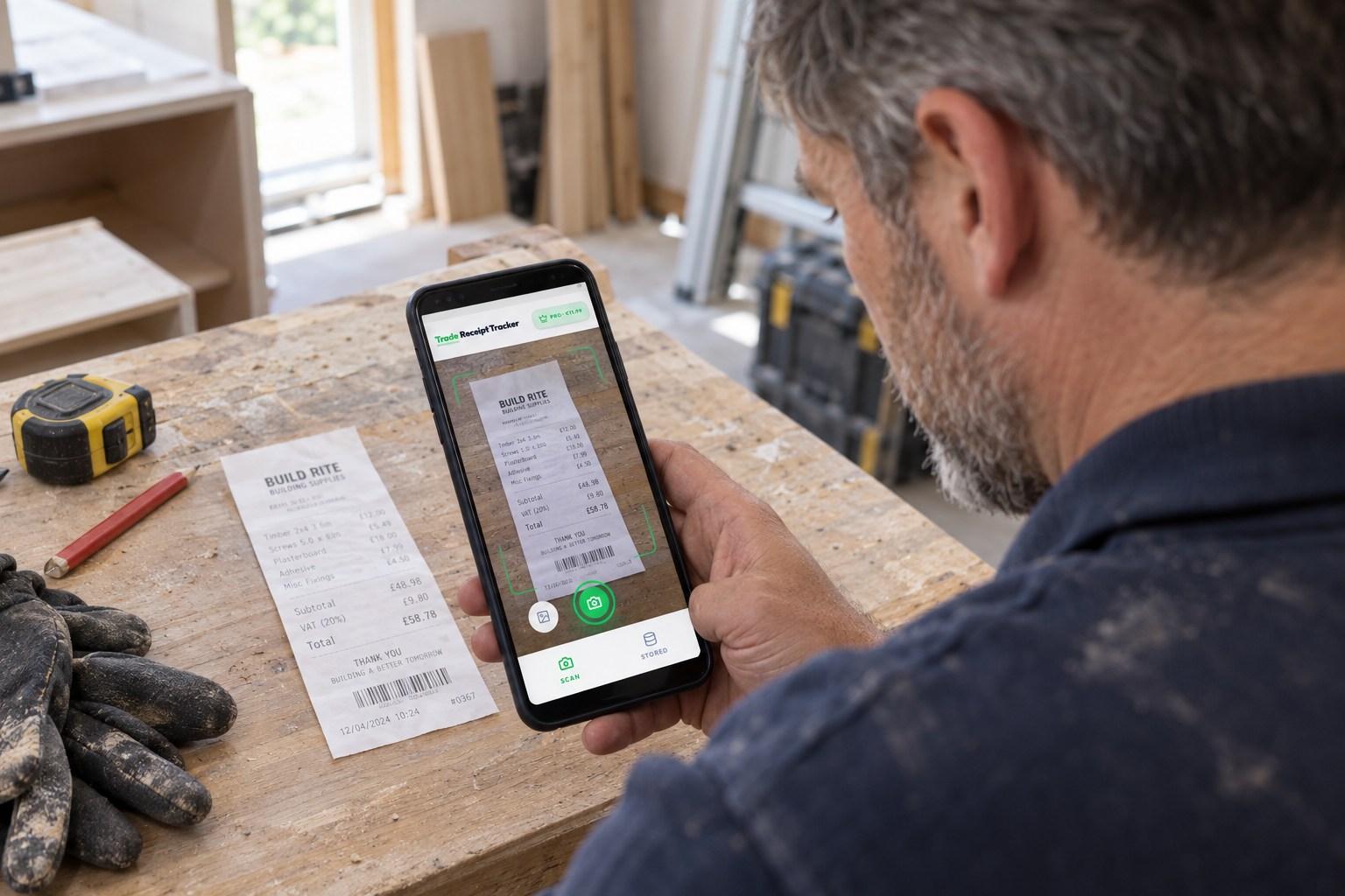 Trade Receipt Tracker scanning a receipt on a workbench