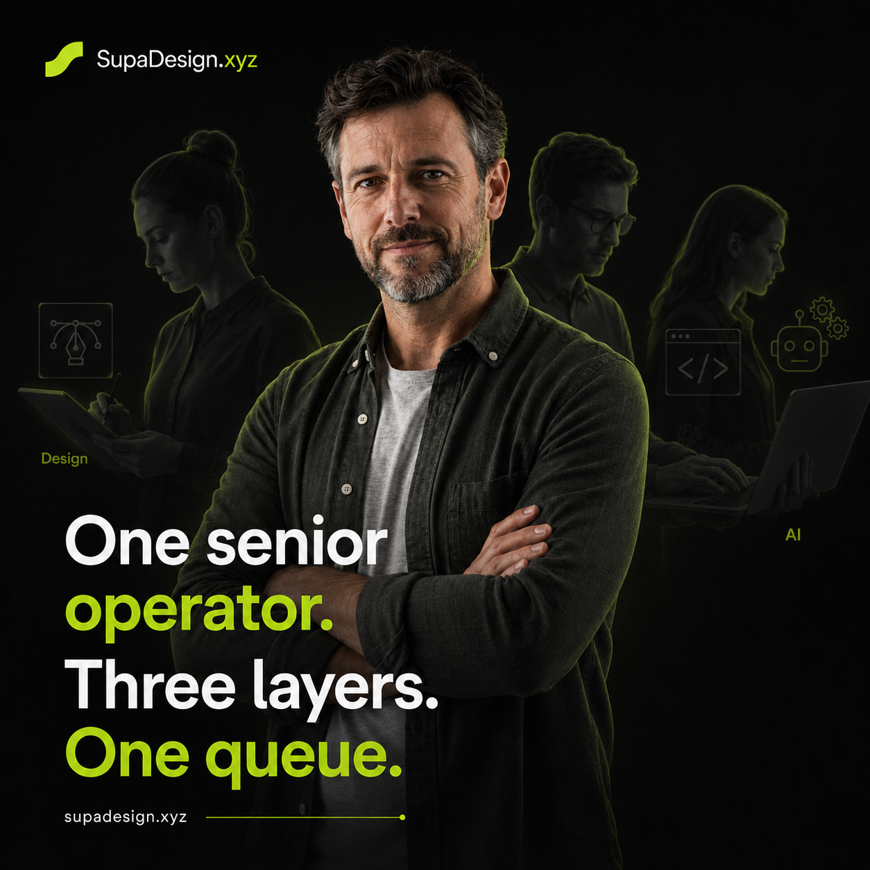 SupaDesign Digital Operator poster - One operator. Three layers. One queue.