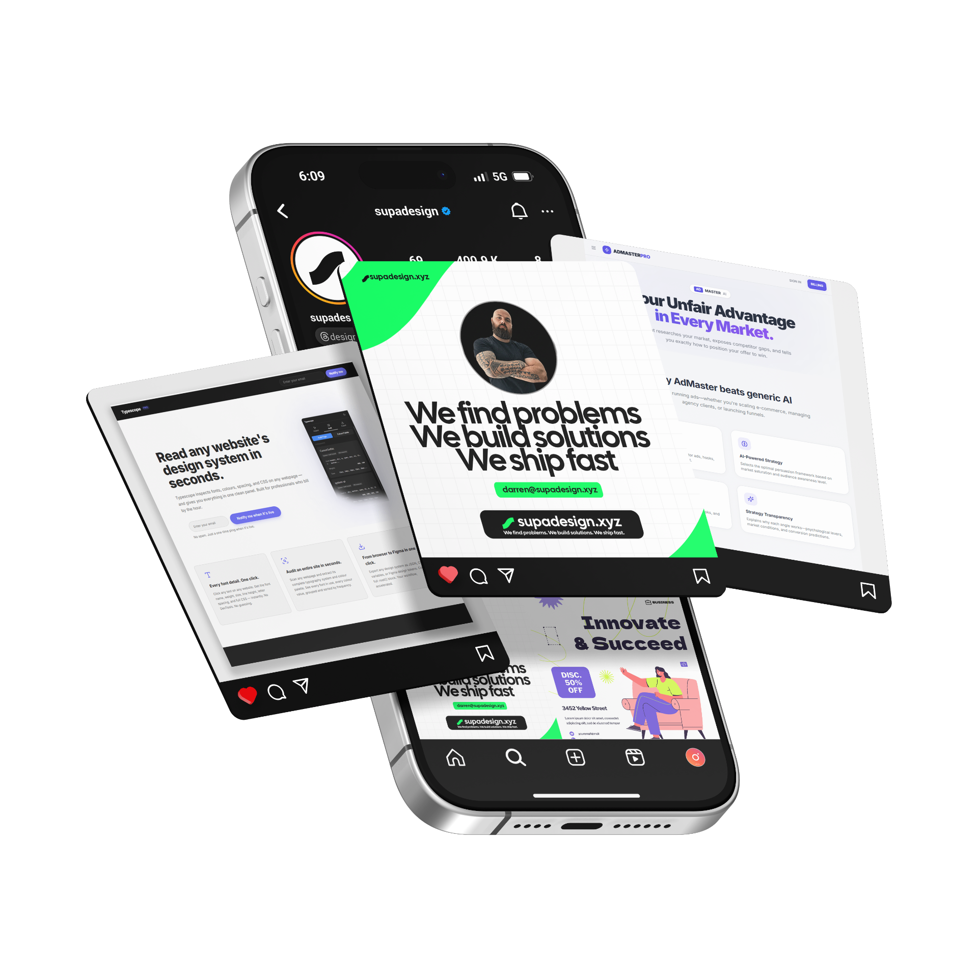 A selection of SupaDesign digital products shown on mobile devices